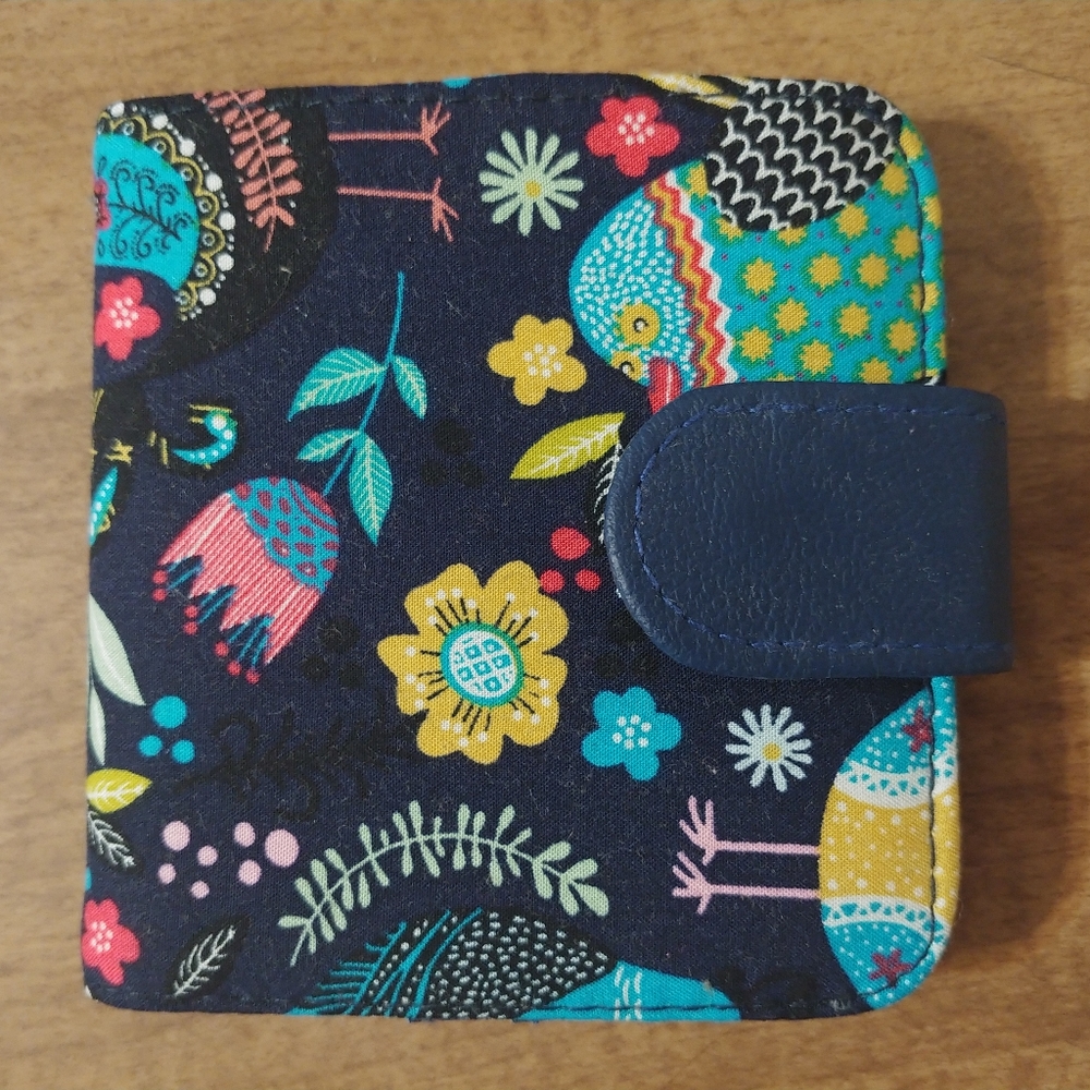 Cute flower bird graphic girls' turquoise blue rainbow navy fabric wallet bifold
